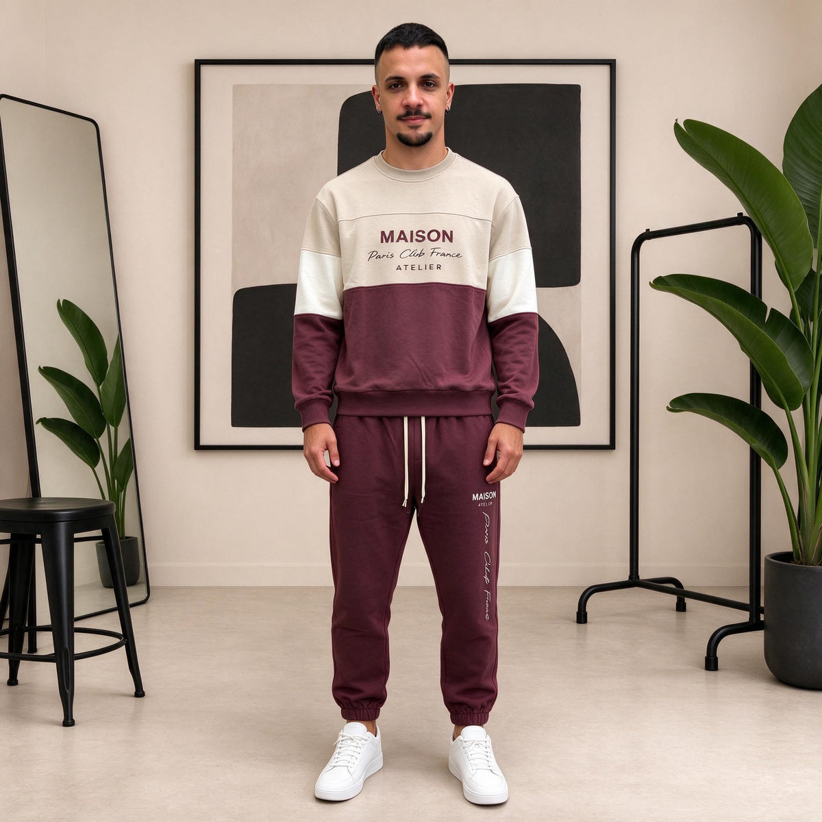 Completo felpa e pantaloni beige e bordeaux Maison – vista completa