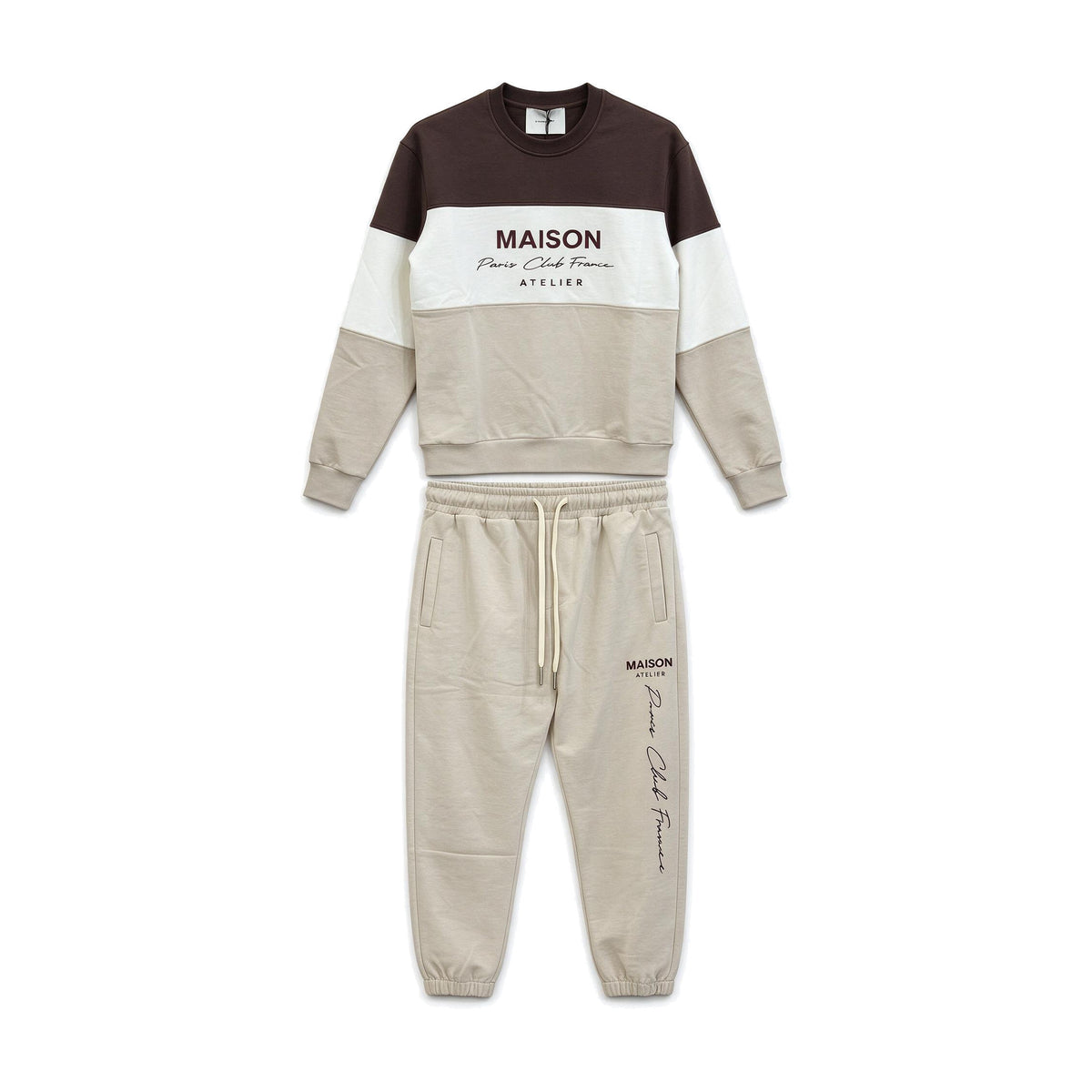 Completo felpa e pantaloni marrone e beige Maison – vista frontale
