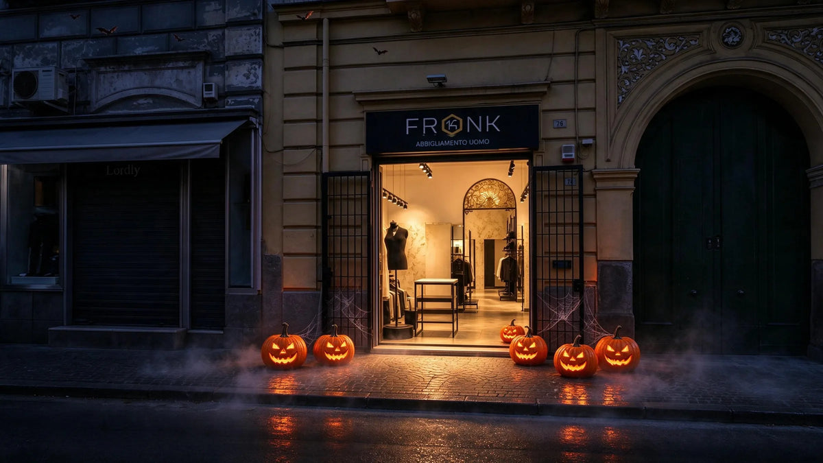 La facciata di Frank14 in Corso Durante 74 la notte di Halloween, porta aperta e zucche accese sul marciapiede